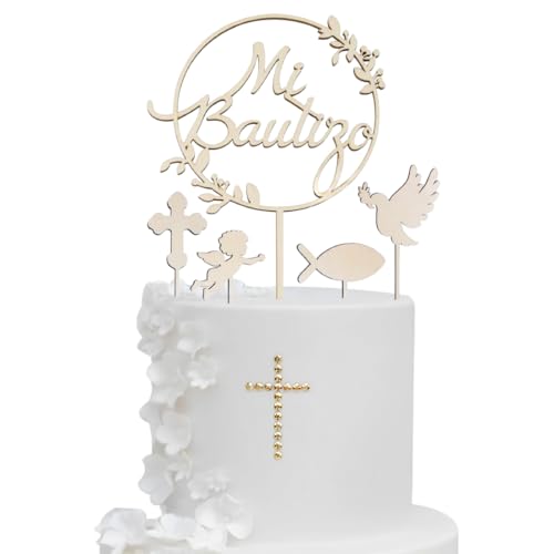 GGUFAY Tortendeko Firmung Holz, Taube Fisch Kuchen Deko Firmung Torten Topper, Cake Topper Zur Firmung, Tortendeko Taufe Mädchen Junge Firmung Torte Deko, für Erstkommunion Junge Mädchen von GGUFAY