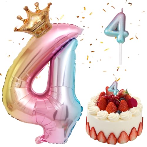 GGUFAY Zahlen Luftballon 4 und Kerzen 4 Set, Regenbogenverlauf 4 Folienballon 42 Zoll Zahlenballon für Geburtstag Party Dekorationen, Geburtstag Ballons mit Krone für Geburtstag Party von GGUFAY