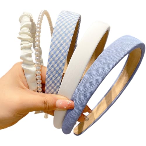 Haarreifen Damen 5er Set mit Perlen & Karomuster - Himmelblaue Haarschmuck-Set für Lockiges/Glattes Haar - Breite/Schmale Stirnbänder - Sanft & Hautfreundlich von GGUFAY