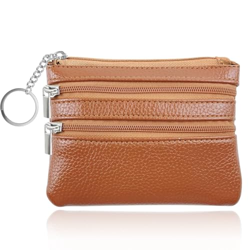 Herren Geldbörse aus echtem Leder mit Reißverschluss, 2 Reißverschlussfächer Schlüsselanhänger Leder, Reißverschluss und Schlüsselanhänger Wallets Kleingeldhalter Münz Organizer für Herren (Bernstein) von GGUFAY