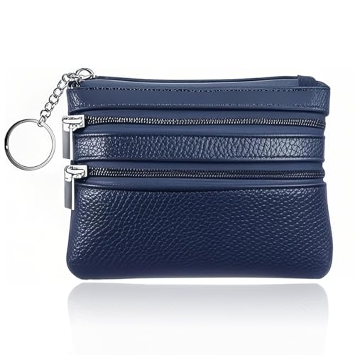 Herren Geldbörse aus echtem Leder mit Reißverschluss,2 Reißverschlussfächer Schlüsselanhänger Leder,Reißverschluss und Schlüsselanhänger Wallets Kleingeldhalter Münz Organizer für Herren (Marineblau) von GGUFAY