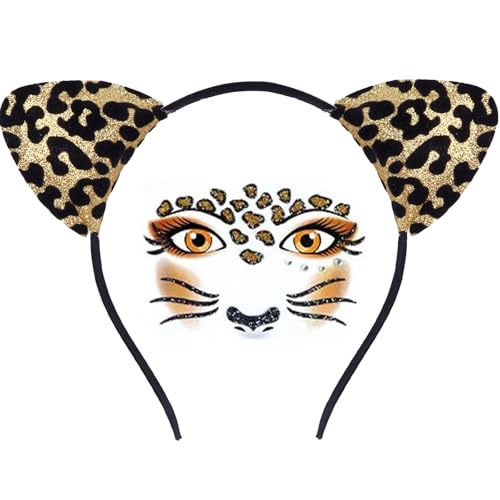 Karneval Kostüm Damen, Leopardenmuster Haarreif + Gesichtstattoo, Haarreifen Fasching Mottoparty Halloween Kostüm von GGUFAY
