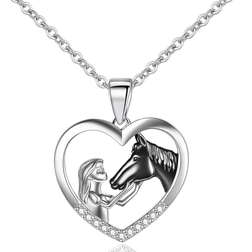 Silber Herz Anhänger, Mädchen und Pferd Halskette, Pferde Schmuck, Halskette Geschenke für Mädchen Freundin Mutter Tochter von GGUFAY