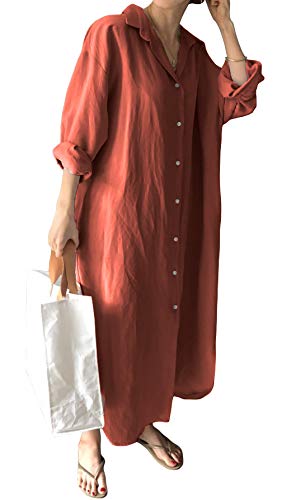 GGUHHU Damen Maxikleid Kleider mit Knopfleiste und gekräuselten Ärmeln, lang, Baumwolle - Rot - XX-Large von GGUHHU