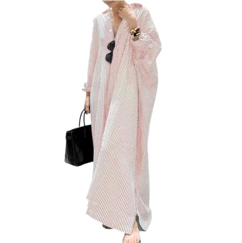 GGUHHU Damen Oversize Casual Maxi Gestreift Baumwolle Hemdkleid Lose Knopfleiste Lange Blusenkleider, Pink, Large von GGUHHU