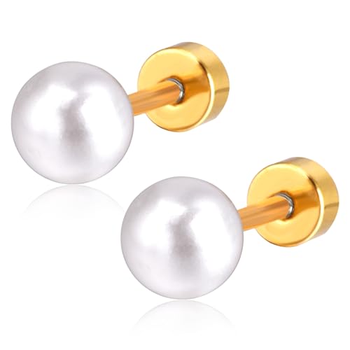14K Gold Plated CZ Stud Flat Back Earrings for Women Stainless Steels Stud Earrings Cartilage Piercing Earring for Baby Girl Boy Valentine's Day Easter Mother's Day Gift, Edelstahl, Perle von GGXDH