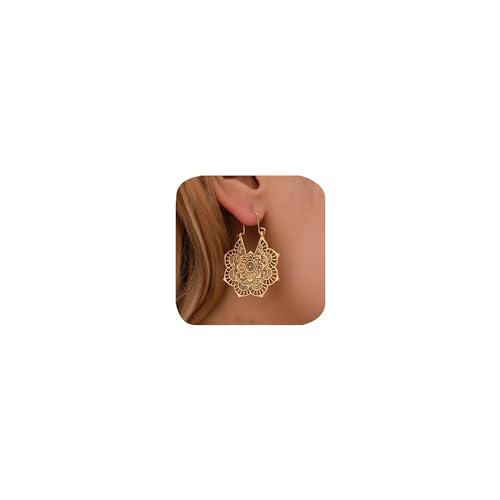Frauen Drop Dangle Ohrringe Boho Vintage Blumenohrringe für Mädchen Mandala Fashion Hollow geschnitztes Stammes ethnisch Zigeuner Geometrische Blumenerklärung Ohrringe Prom Beach Schmuck (Gold), von GGYTMQL