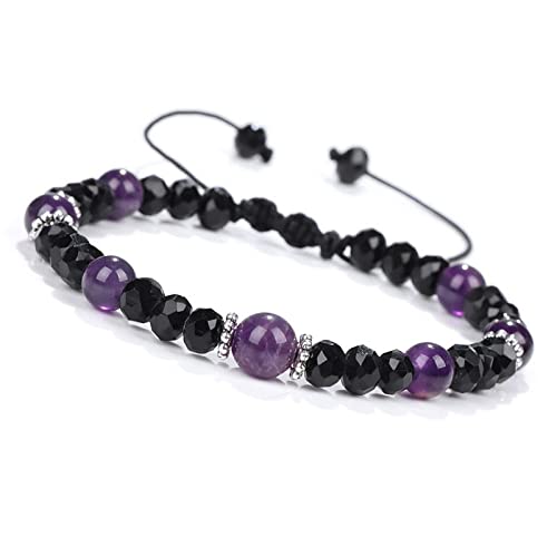 GGYTMQL Charm Schmuck Edelsteinarmband, geflochtene Armbänder natürliche Amethyste Schwarze Facettenkristallperlen Armreifen verstellbares Kristallarmband Mode Kristallschmuck für Männer Frauen von GGYTMQL