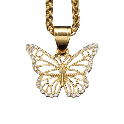 GGYTMQL Halskette mit High-End-Gefühl, hellem Luxus-Titan-Stahl mit Diamanten, ausgehöhlten Schmetterlingsanhänger Halskette, Hip-Hop-Herren- und Frauenkette, Kettenlänge 23,62 Zoll von GGYTMQL