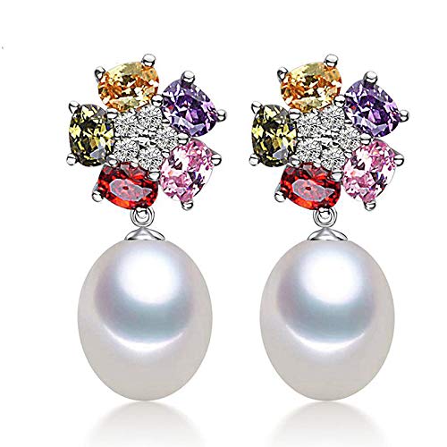 GGYTMQL Hochzeit bunte natürliche Perlenohrringe für Frauen, Geburtstag Bestes Geschenk weiße Süßwasserperl 925 Silberschmuck von GGYTMQL