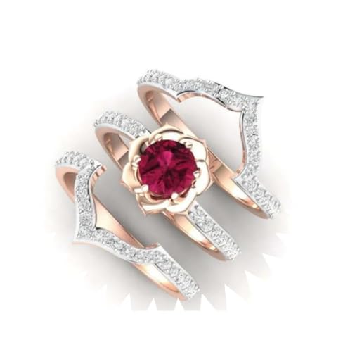 GGYTMQL Mädchenprodukte Ringe Ring Schmuck Frauen Männer versprechen Hochzeit Rosengold Farbblum Ring für Frauen zarte rote Zirkonsteine Eheringe Set Engagement 10 Rosengold Geschenke von GGYTMQL