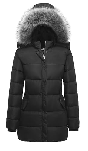 GGleaf Damen Winter Dicken Puffer Lange Mantel Warm Jacke Mit Fell Abnehmbare Kapuze, schwarz, X-Large GGleaf Damen Winter Dicken Puffer Lange Mantel Warm Jacke Mit Fell Abnehmbare Kapuze, schwarz, X-Large von GGleaf