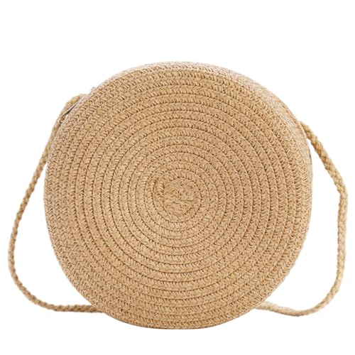 GGpone Strohbeutel für Frauen rund 6, 5 Zoll gewebter Tasche Eins Schulter lässig gelegene Gewebepreis Reißverschluss Reißverschlüsse Feste Farbhandtasche für Strandreisen, beige, beige von GGpone