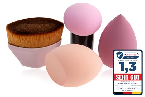 GHADA Make‑up Pinsel & Schwamm Set – Rosa Pastell weicher Foundation‑Pinsel + 3 latexfreie Blender sanft zur Haut, vegane Borsten | für Foundation, Concealer & BB/CC hübsche Geschenkidee für Frauen von GHADA