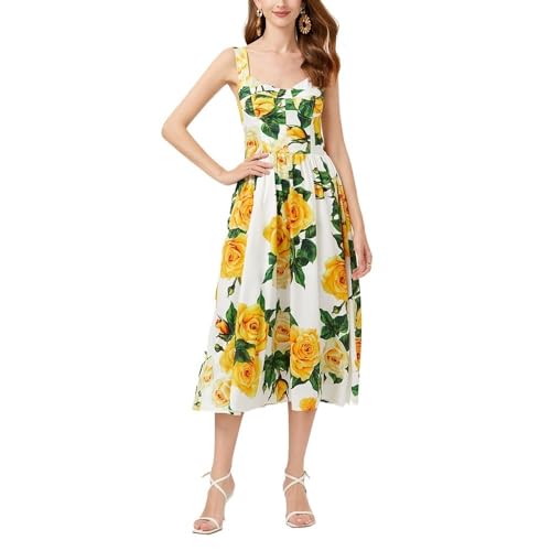 2024 Sommer Frauen Boho Blumendruck Cami Kleid Ärmellos Rückenfrei Hohe Taille A-Linie Fließend Große Schaukel Midi Strandkleid (Color : Yellow, Size : L) von GHAKKE