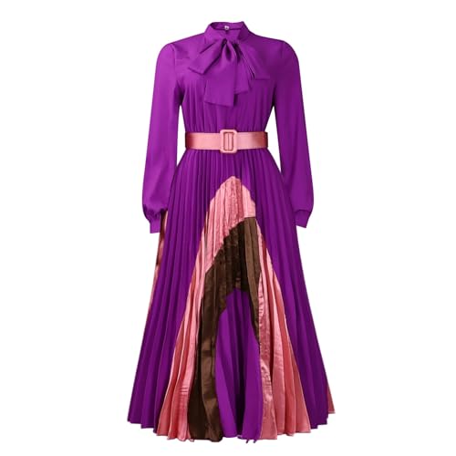 2025 Damen Elegantes Hemdkleid Mit Fliege Und Halsausschnitt Modisch Farbblock Langärmelig A-Linie Plissiert Fließend Maxi Cocktailkleid(Purple,M) von GHAKKE