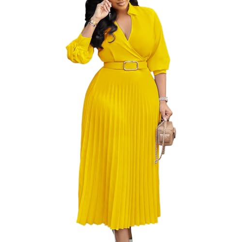 2025 Elegantes, Langes Hochzeitsgastkleid Mit Plissiertem Saum Mode-Kleid Mit Langen Ärmeln, Revers Und Gürtel Für Partys, Büro Und Arbeit(Yellow,S) von GHAKKE