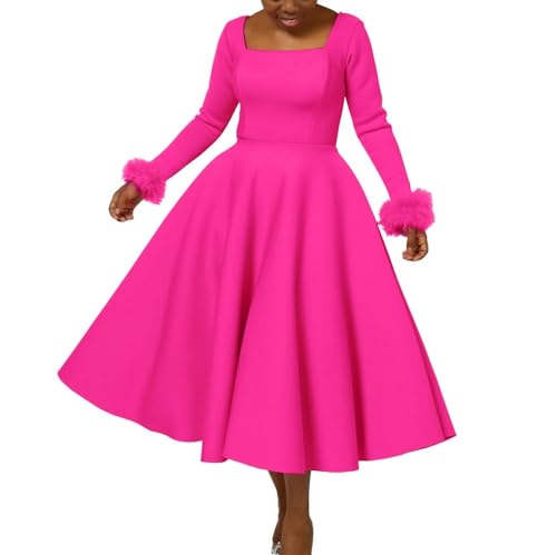 Damenmode Plüschmanschettenkleid Eleganter Quadratischer Ausschnitt Langarm Slim Fit Big Swing Midikleid Hochzeitsgastkleider (Color : Rose red, Size : M) von GHAKKE