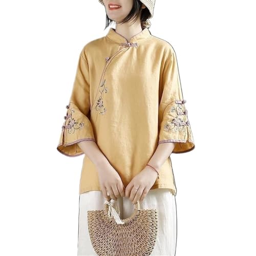 GHAKKE Locker Geschnittene Damenbluse Im Retro-Stil Aus Baumwolle Und Leinen Im Chinesischen Stil Traditionelle Hanfu-Bluse Mit Exquisiter Blumenstickerei(Yellow,M) von GHAKKE