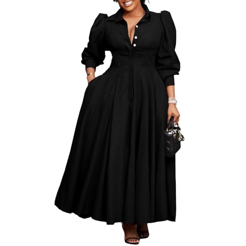 Modisches Damen-Lang Blusenkleid Mit Knopfverschluss A-Linie, Lange Puffärmel, Hohe Taille, Schwingendes, Fließendes Maxikleid Mit Revers(Black,XX-Large) von GHAKKE