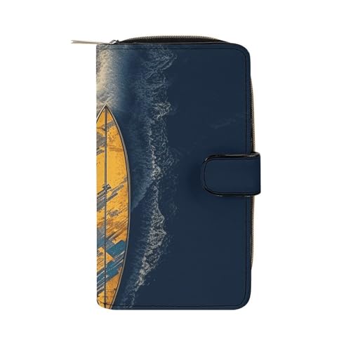 GHBNK Damen Leder Geldbörse Lang Geldbörse für Männer Eisbären Nordlichter Wristlet Wallets mit 12 Kartenhalter Große Kapazität Münzfach, Surfbrett, 19.7x11x3.5cm von GHBNK