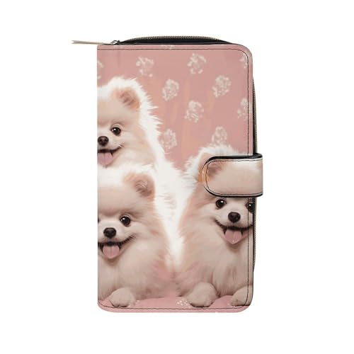 GHBNK Damen Leder Geldbörse Lang Geldbörse für Männer Eisbären Nordlichter Wristlet Wallets mit 12 Kartenhalter Große Kapazität Münzfach, Zwergspitzwelpen, 19.7x11x3.5cm von GHBNK