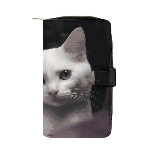 GHBNK Damen Leder Geldbörse Lang Geldbörse für Männer Eisbären Nordlichter Wristlet Wallets mit 12 Kartenhalter Große Kapazität Münzfach, weiße katze, 19.7x11x3.5cm von GHBNK