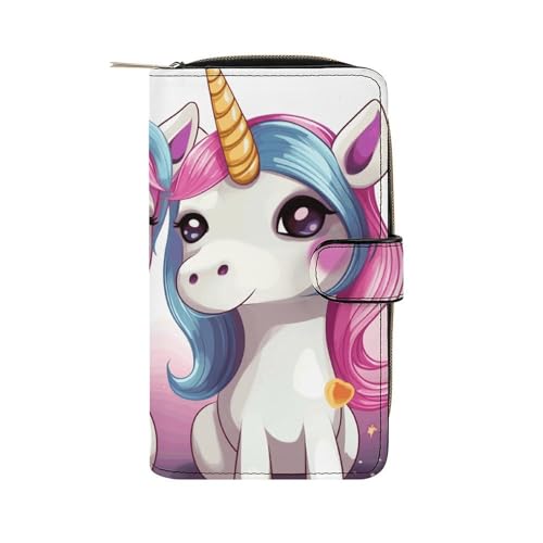 GHBNK Damen Leder Geldbörse Lang Geldbörse für Männer Kamel Sky Wristlet Wallets mit 12 Kartenhalter Große Kapazität Münzfach, Süße Einhörner, 19.7x11x3.5cm von GHBNK