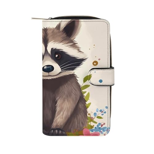 GHBNK Damen Leder Geldbörse Lang Geldbörse für Männer Kamel Sky Wristlet Wallets mit 12 Kartenhalter Große Kapazität Münzfach, Waschbär, 19.7x11x3.5cm von GHBNK