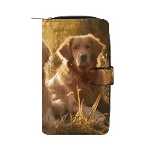 GHBNK Damen Leder Geldbörse Lang Geldbörse für Männer Weiß Eidechse Wristlet Geldbörsen mit 12 Kartenhalter Große Kapazität Münzfach, Zwei Golden Retriever, 19.7x11x3.5cm von GHBNK