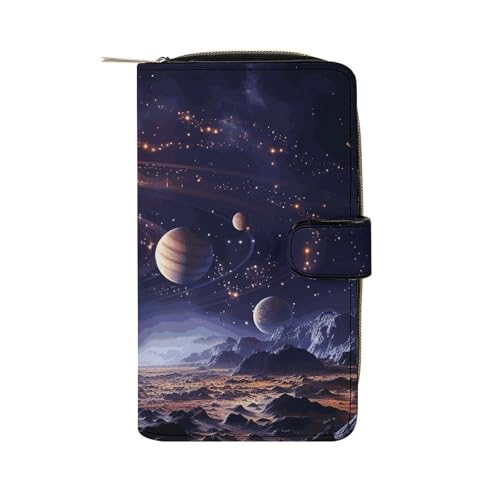 GHBNK Damen Leder Geldbörse Lange Geldbörse für Männer Bohemian Elefant Muster Wristlet Wallets mit 12 Kartenhalter Große Kapazität Münzfach, Outer Space Galaxy Universe, 19.7x11x3.5cm von GHBNK