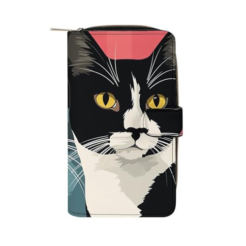 GHBNK Damen Leder Geldbörse Lange Geldbörse für Männer Bohemian Elefant Muster Wristlet Wallets mit 12 Kartenhalter Große Kapazität Münzfach, Schwarze und weiße Katze, 19.7x11x3.5cm von GHBNK