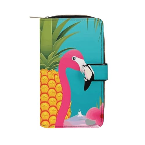 GHBNK Damen Leder Geldbörse Lange Geldbörse für Männer Bootskarte Wristlet Wallets mit 12 Kartenhalter Große Kapazität Münzfach, Ananas Flamingo, 19.7x11x3.5cm von GHBNK