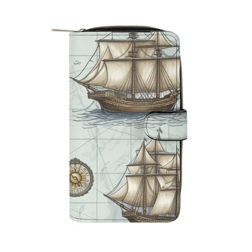 GHBNK Damen Leder Geldbörse Lange Geldbörse für Männer Bootskarte Wristlet Wallets mit 12 Kartenhalter Große Kapazität Münzfach, Bootskarte, 19.7x11x3.5cm von GHBNK