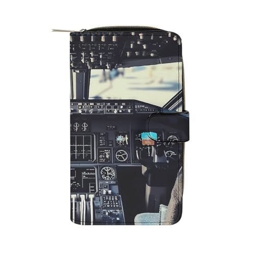 GHBNK Damen Leder Geldbörse Lange Geldbörse für Männer Bootskarte Wristlet Wallets mit 12 Kartenhalter Große Kapazität Münzfach, Flugzeug-Cockpit, 19.7x11x3.5cm von GHBNK