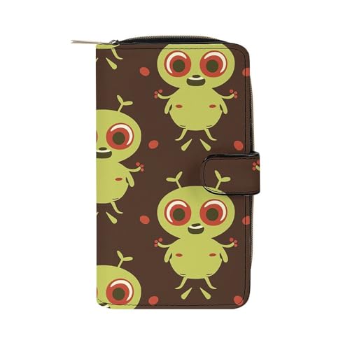 GHBNK Damen Leder Geldbörse Lange Geldbörse für Männer Clowns Wristlet Wallets mit 12 Kartenhalter Große Kapazität Münzfach, Cartoon Green Alien, 19.7x11x3.5cm von GHBNK