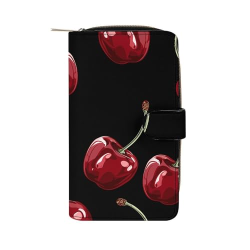 GHBNK Damen Leder Geldbörse Lange Geldbörse für Männer Coole Adler Wristlet Wallets mit 12 Kartenhalter Große Kapazität Münzfach, Kirsch-Cartoon-Muster, 19.7x11x3.5cm von GHBNK