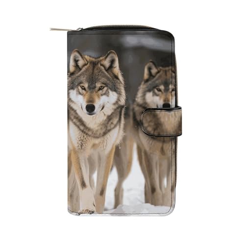 GHBNK Damen Leder Geldbörse Lange Geldbörse für Männer Coole Adler Wristlet Wallets mit 12 Kartenhalter Große Kapazität Münzfach, Packung mit Wölfen, 19.7x11x3.5cm von GHBNK