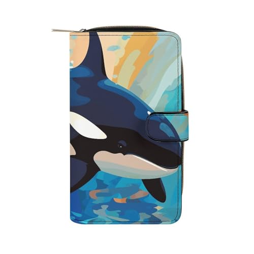 GHBNK Damen Leder Geldbörse Lange Geldbörse für Männer Handgezeichnete Wal-Handgelenk-Geldbörsen mit 12 Kartenhalter Große Kapazität Münzfach, Handgezeichneter Wal, 19.7x11x3.5cm von GHBNK