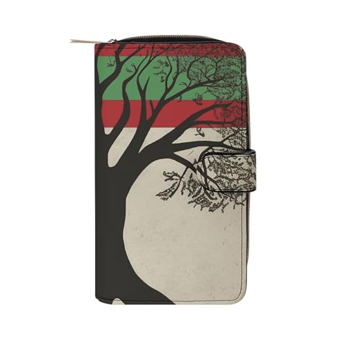 GHBNK Damen Leder Geldbörse Lange Geldbörse für Männer Kiwi Slice Wristlet Wallets mit 12 Kartenhalter Große Kapazität Münzfach, Baum des Lebens Palästinensische Flagge, 19.7x11x3.5cm von GHBNK