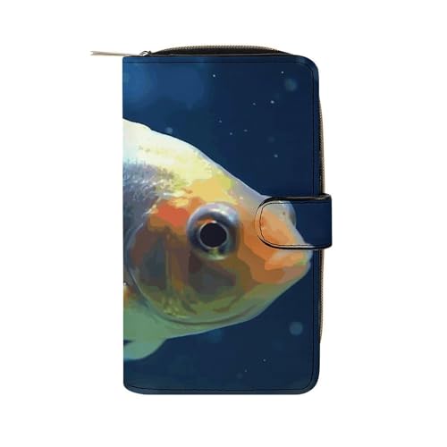 GHBNK Damen Leder Geldbörse Lange Geldbörse für Männer Little Bell mit Schleife Wristlet Wallets mit 12 Kartenhalter Große Kapazität Münzfach, Lonely Fish, 19.7x11x3.5cm von GHBNK
