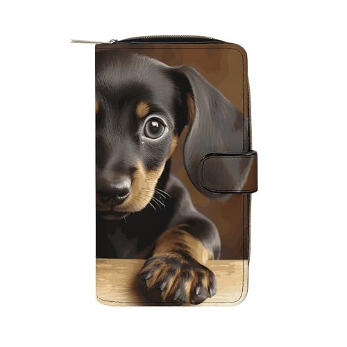 GHBNK Damen Leder Geldbörse Lange Geldbörse für Männer Lustige Waschbär Basketball Wristlet Wallets mit 12 Kartenhalter Große Kapazität Münzfach, Hundedackel, 19.7x11x3.5cm von GHBNK