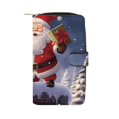GHBNK Damen Leder Geldbörse Lange Geldbörse für Männer Niedliche Waschbär Wristlet Geldbörsen mit 12 Kartenhalter Große Kapazität Münzfach, Frohe Weihnachten Weihnachtsmann, 19.7x11x3.5cm von GHBNK