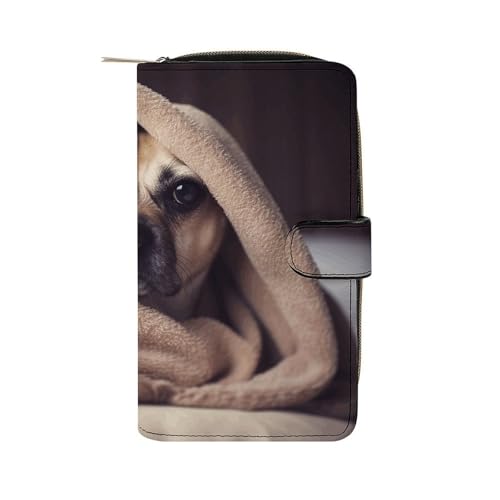 GHBNK Damen Leder Geldbörse Lange Geldbörse für Männer Niedliche Waschbär Wristlet Geldbörsen mit 12 Kartenhalter Große Kapazität Münzfach, Hund in einer Decke, 19.7x11x3.5cm von GHBNK