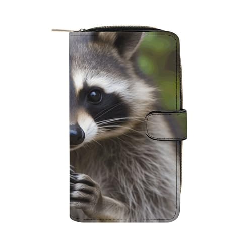 GHBNK Damen Leder Geldbörse Lange Geldbörse für Männer Niedliche Waschbär Wristlet Geldbörsen mit 12 Kartenhalter Große Kapazität Münzfach, Süßer Waschbär, 19.7x11x3.5cm von GHBNK