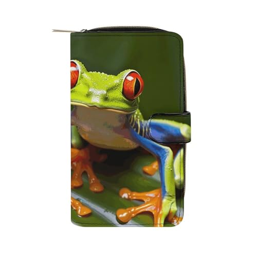 GHBNK Damen Leder Geldbörse Lange Geldbörse für Männer Niedliche Waschbär Wristlet Wallets mit 12 Kartenhalter Große Kapazität Münzfach, Frosch mit roten Augen, 19.7x11x3.5cm von GHBNK