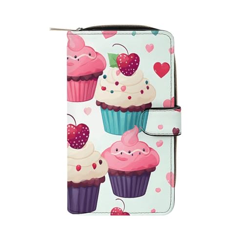 GHBNK Damen Leder Geldbörse Lange Geldbörse für Männer Nikolausmütze Geschenk und Frohe Weihnachten Wristlet Wallets mit 12 Kartenhalter Große Kapazität Münzfach, Cupcake Candy Hearts Sweet, von GHBNK