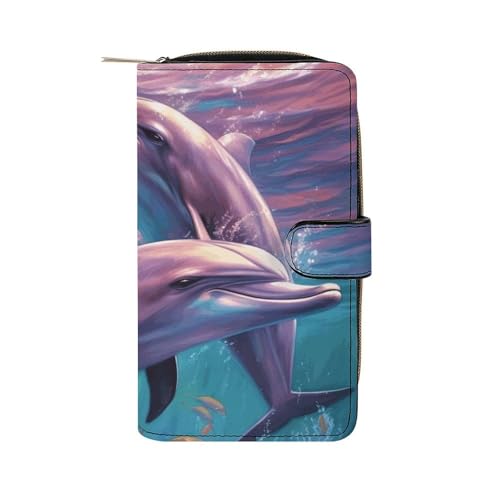 GHBNK Damen Leder Geldbörse Lange Geldbörse für Männer Nikolausmütze Geschenk und Frohe Weihnachten Wristlet Wallets mit 12 Kartenhalter Große Kapazität Münzfach, Delfine Art, 19.7x11x3.5cm von GHBNK