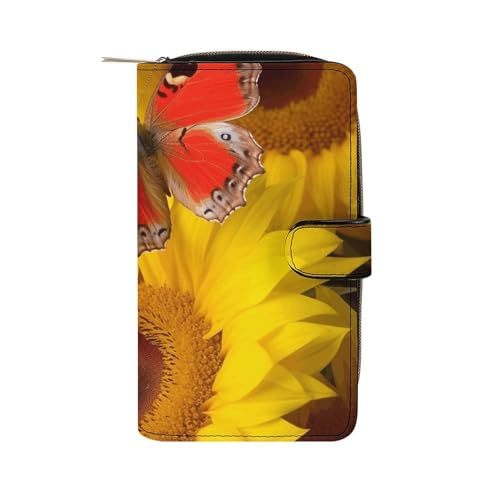 GHBNK Damen Leder Geldbörse Lange Geldbörse für Männer Nikolausmütze Geschenk und Frohe Weihnachten Wristlet Wallets mit 12 Kartenhalter Große Kapazität Münzfach, Gelbe Sonnenblumen mit rotem von GHBNK