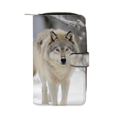 GHBNK Damen Leder Geldbörse Lange Geldbörse für Männer Nikolausmütze Geschenk und Frohe Weihnachten Wristlet Wallets mit 12 Kartenhalter Große Kapazität Münzfach, Zwei Wölfe gehen im Schnee, von GHBNK